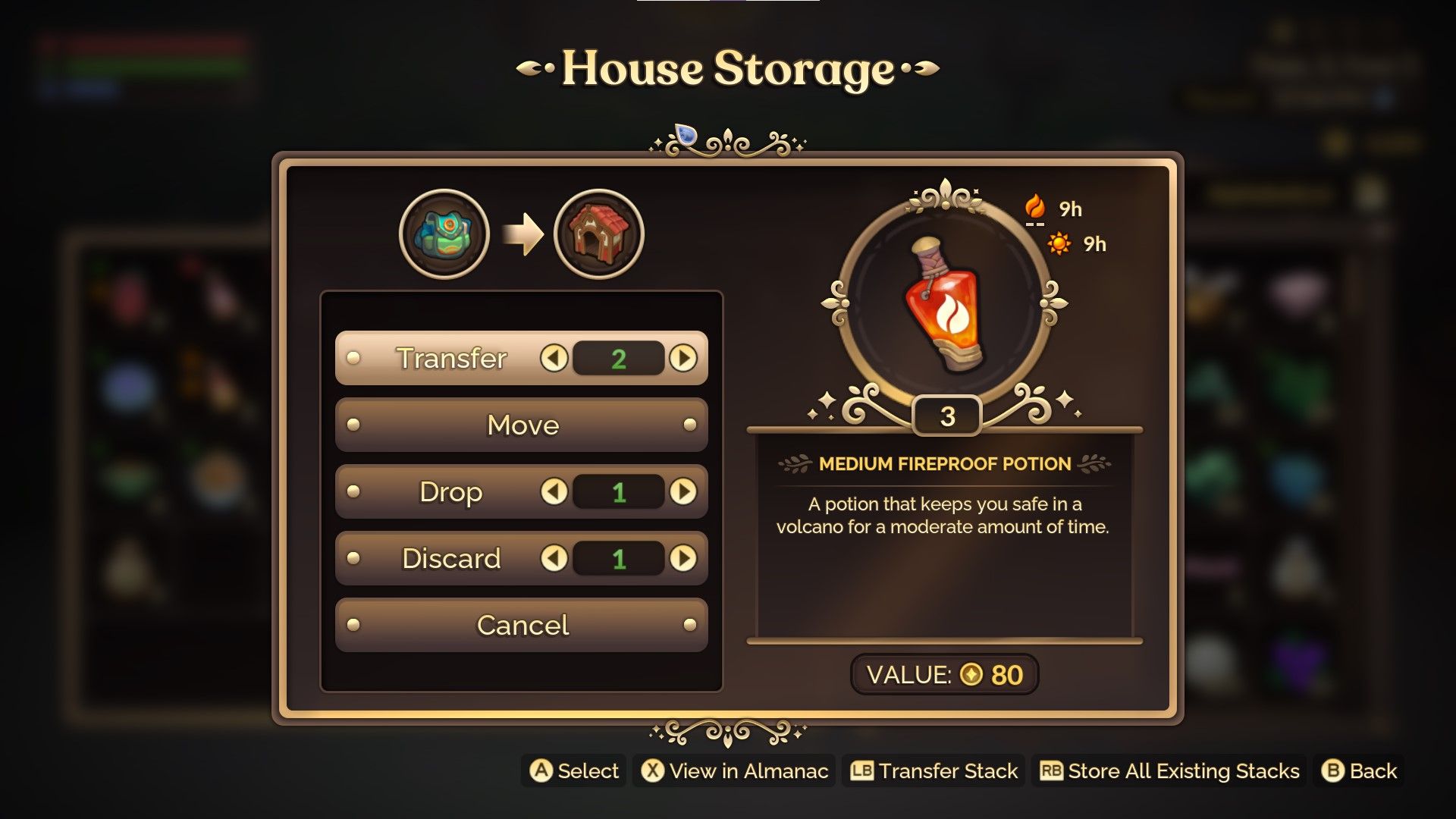 Fae Farm Medium Fireproof Potion in the storage menu. Fireproof Potions are made with Frost Fuzz.