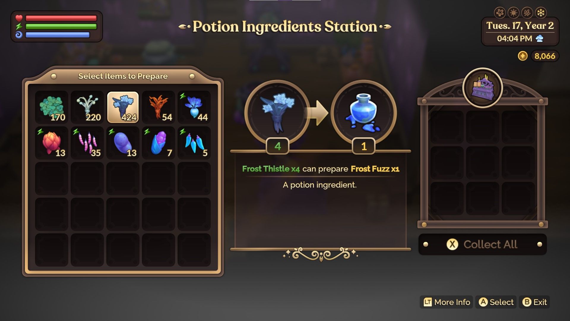 Fae Farm Potion Ingredients Station menu showing, with Frost Fuzz as the result in the middle section of the picture.