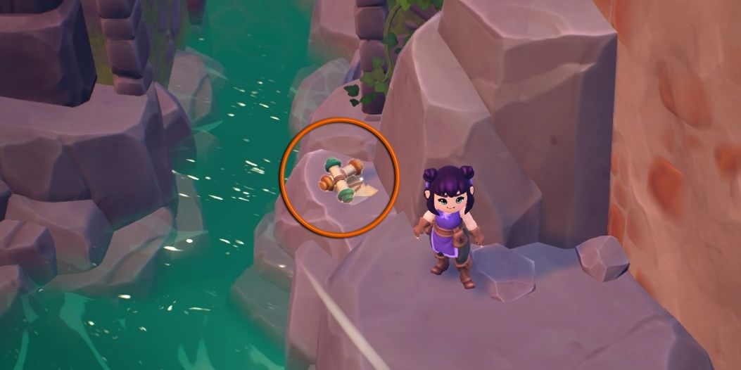 Fae Farm recipe scroll circled in orange near an avatar. Both are standing on a rocky outcropping with a river running nearby.