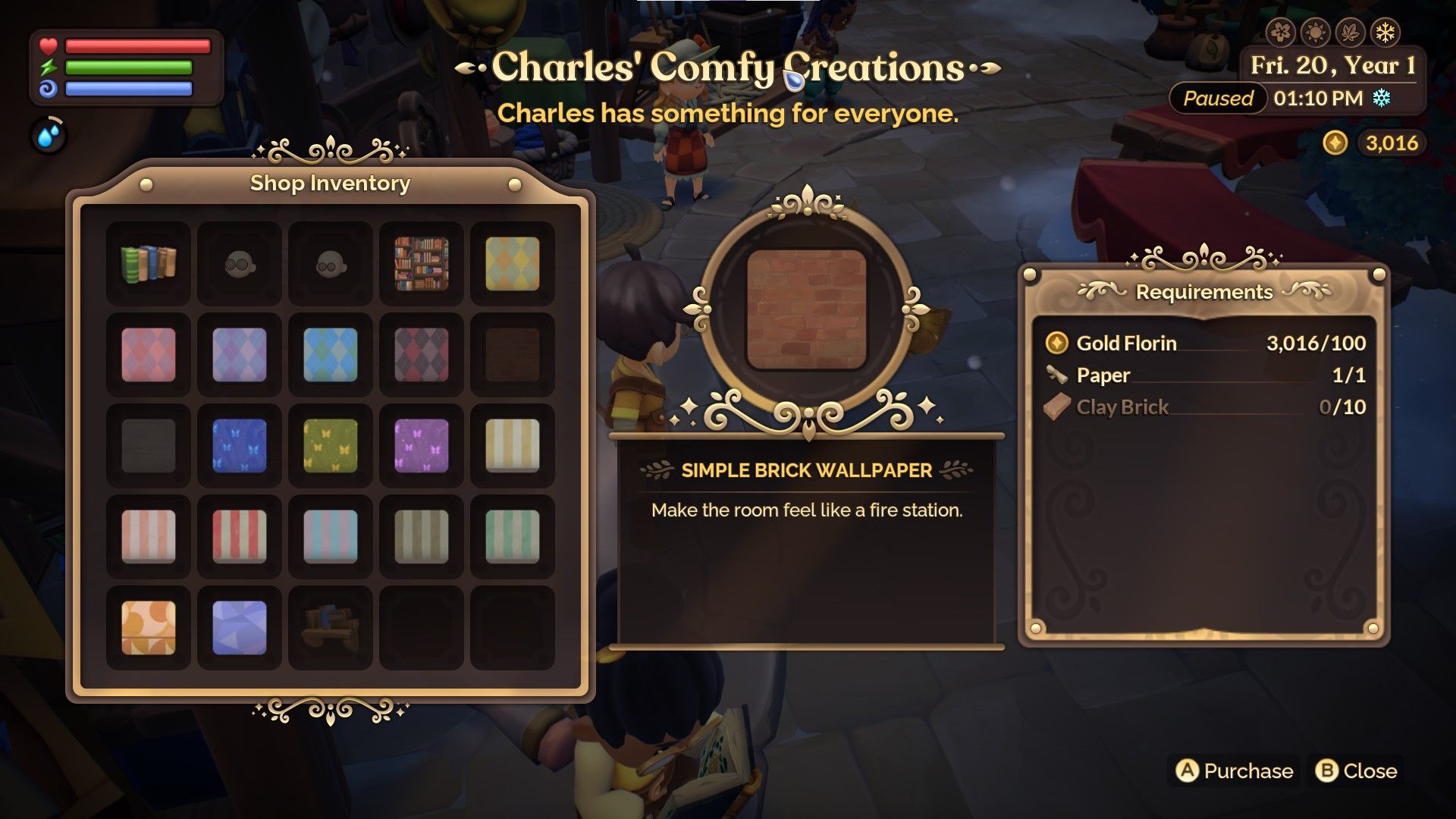 Fae Farm wallpaper design recipes available for crafting and construction purposes through the vendor Charles.