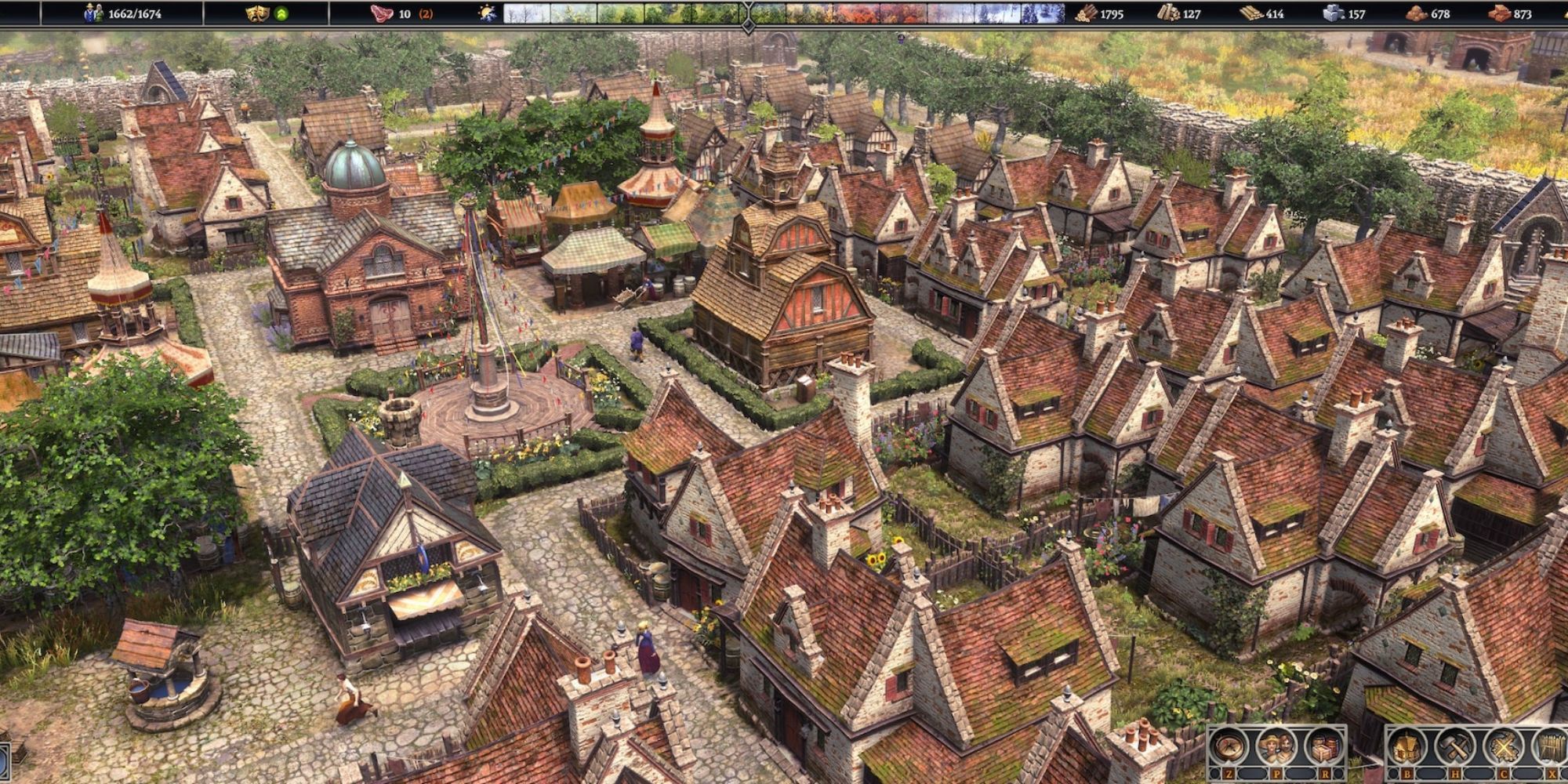 Dozens of brickwork buildings reminiscent of the industrial revolution are grouped together in Farthest Frontier