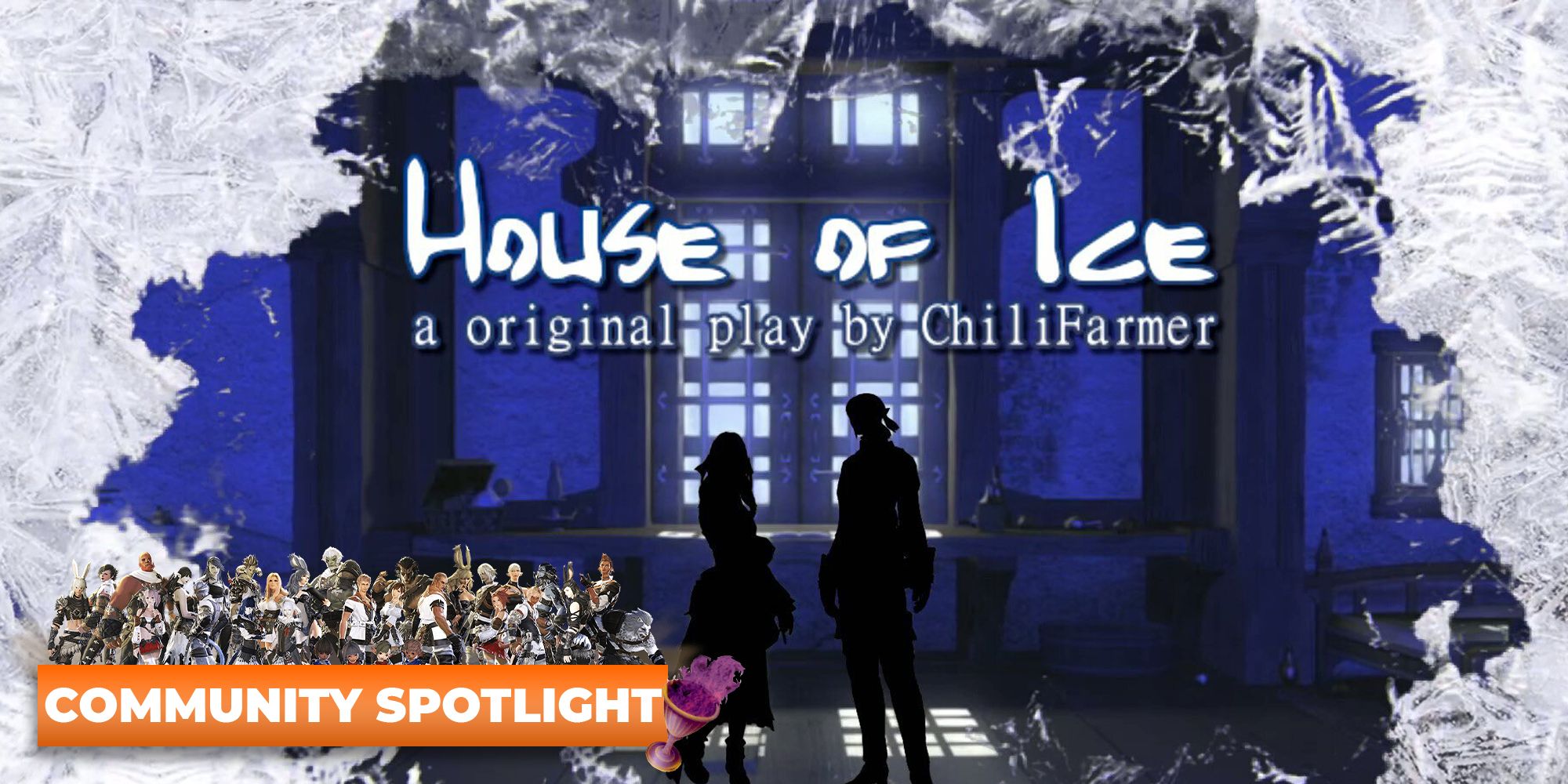 FF14 Community House of Ice poser that shows two people stood in a room