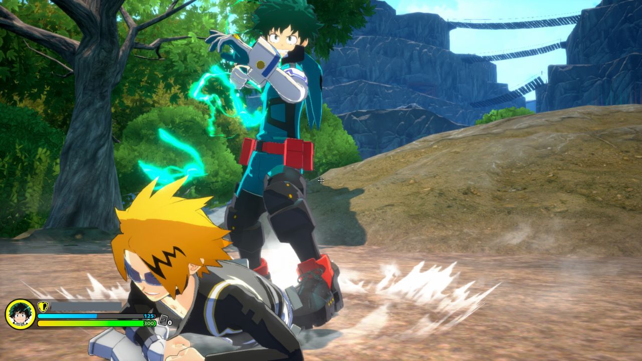 Izuku Midoriya using his Finishing Attack on a downed Denki Kaminari.