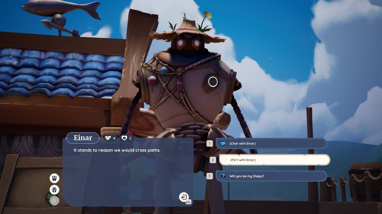 Player character speaking to Einar at his fishing hut by Fisherman's Kagoon during the day and selecting the flirt option with him in Palia.