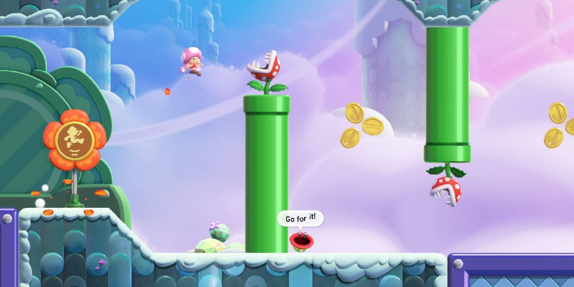 toadette about to floating high jump into piranha plant