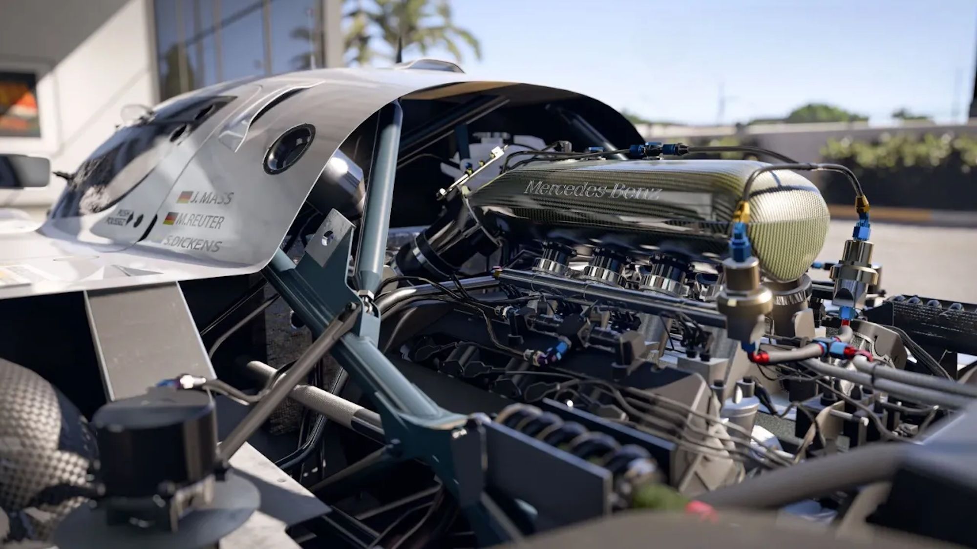 A Mercedes Benz car engine in Forza Motorsport.