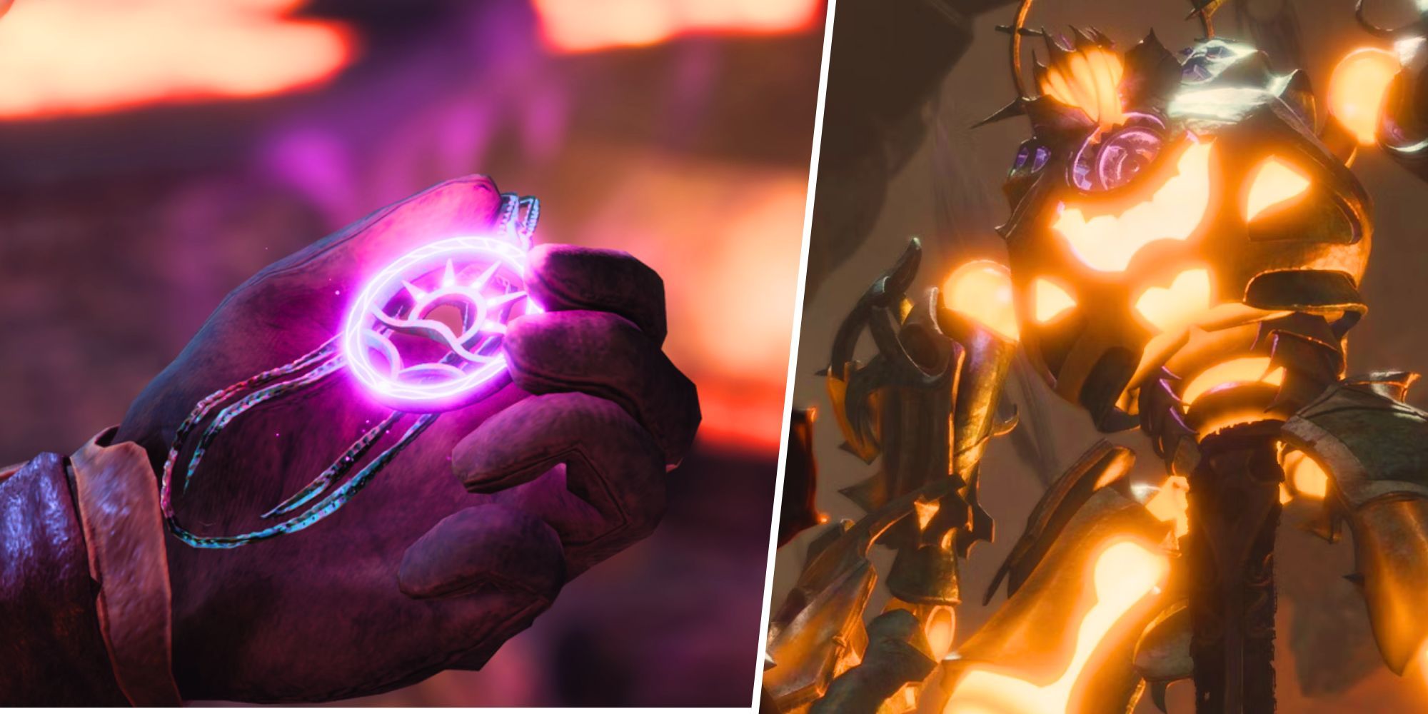 Baldur's Gate 3 - Split Image: Player holding the Sentient Cursed Monk Amulet / Grym, the guardian of the Adamantine Forge
