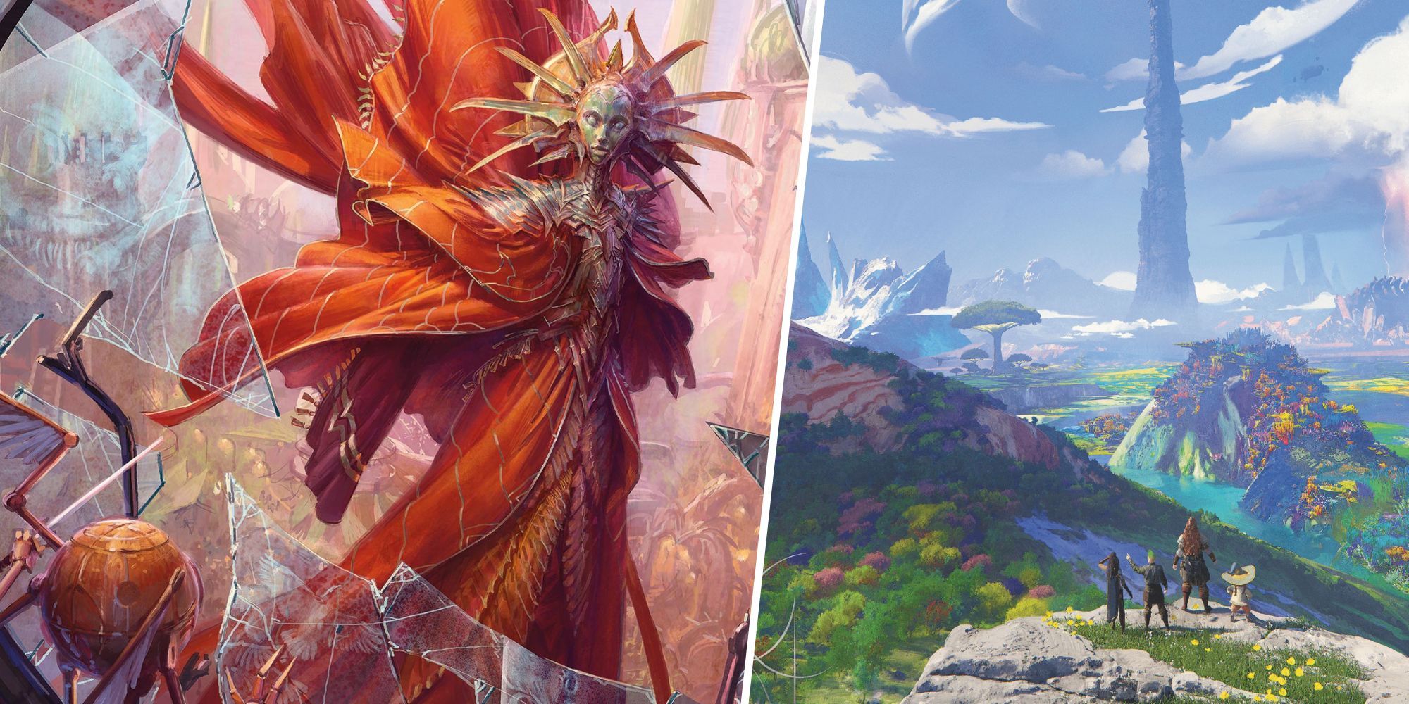 Dungeons & Dragons - Split Image: Lady of Pain staring at viewer through broken glass / Party exploring the Outlands