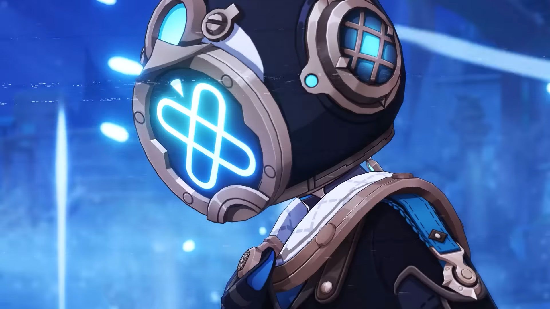 Freminet from Genshin Impact wearing his subnautical hunter helmet and looking towards the camera