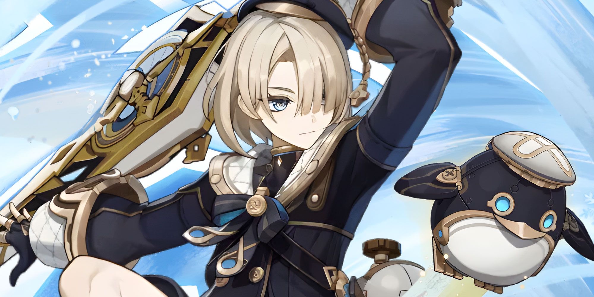 An image showing Freminet next to his Clockwork Meka toy companion Pers as seen in his splash art for Genshin Impact