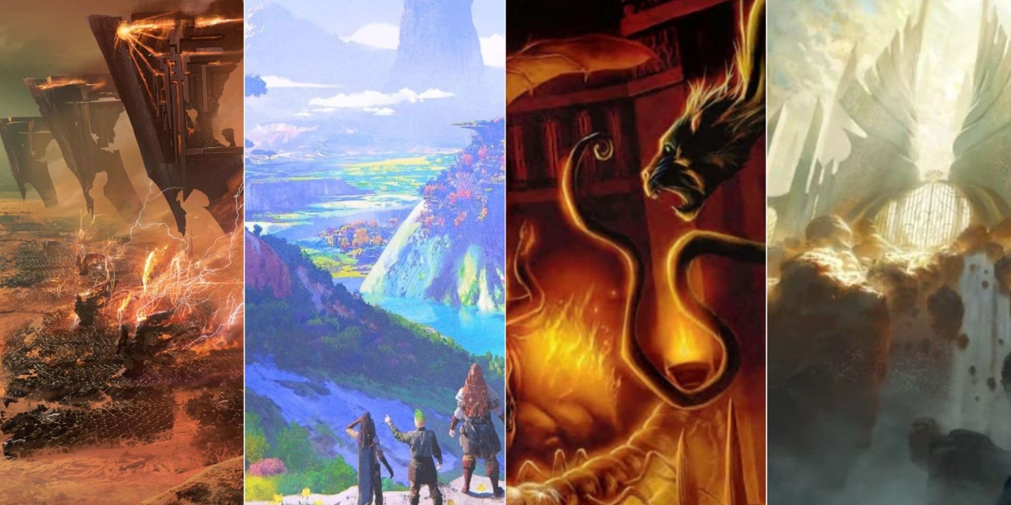 From left to right Avernus in the Nine Hells, some characters exploring the Outlands, a meeting of demon lords in the Abyss, and the gates of heaven in Celestia
