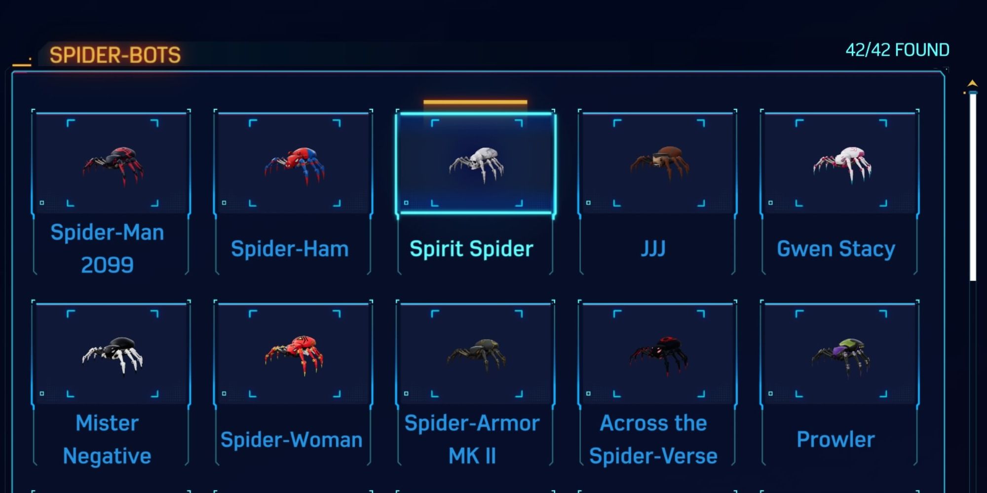 The Spider-Bot collection showing multiple rows of Spider-Bots and a complete 42/42 found in Spider-Man 2.