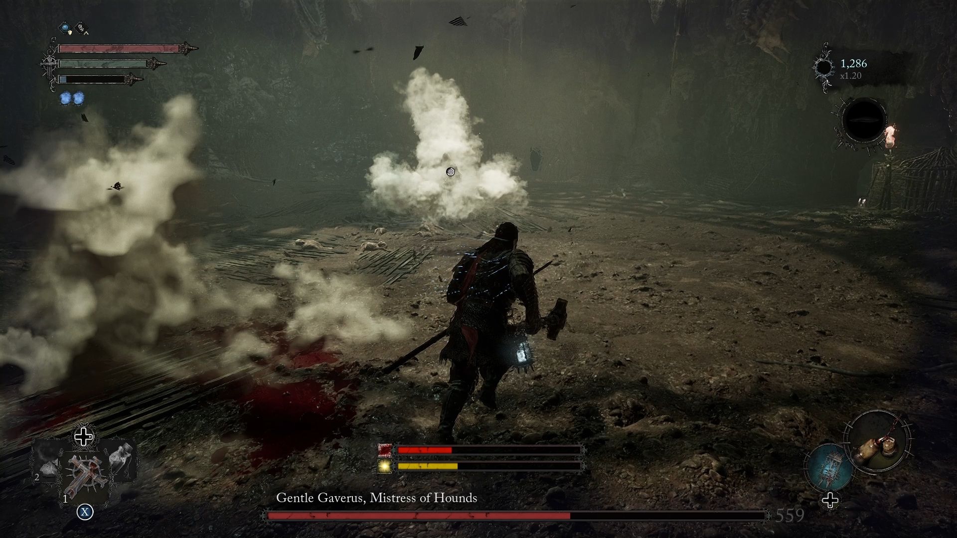 Gaverus used a smoke bomb to reposition herself far from the player Lords of the Fallen 
