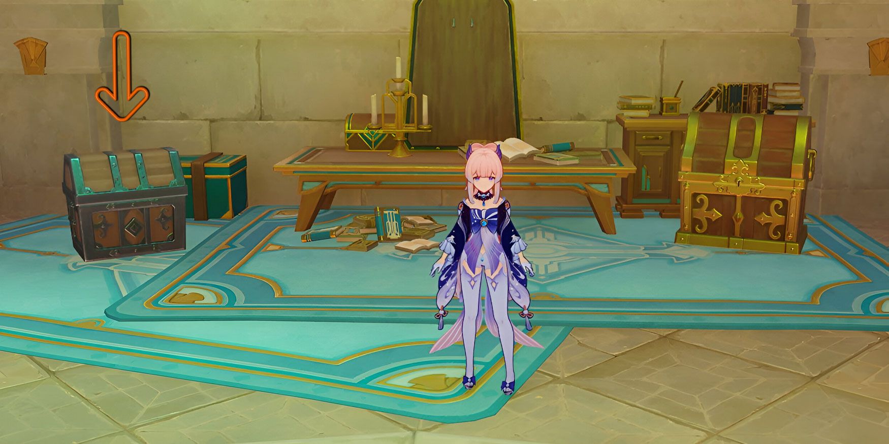 Sangonomiya Kokomi stands near an Exquisite Chest and a Precious Chest in a hidden room in the Institute of Natural Philosophy in Genshin Impact.