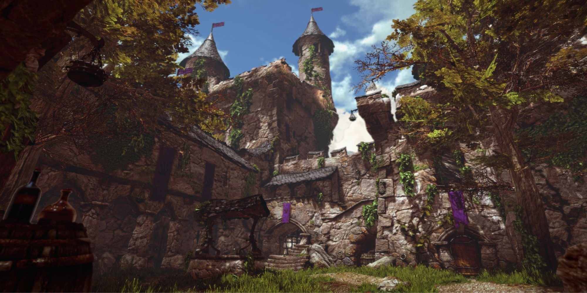 A fantasy style castle with stone walls and a grassy, green courtyard.