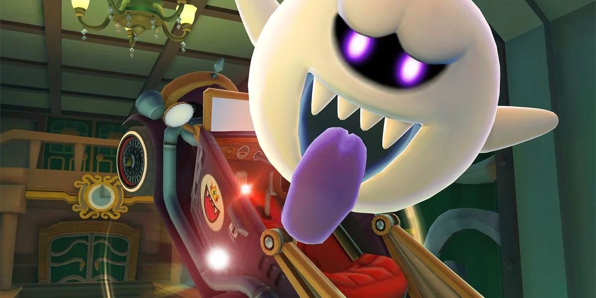 Screenshot from Mario Kart Tour of King Boo and the Ghost Ride hearse inside a Luigi's Mansion themed track