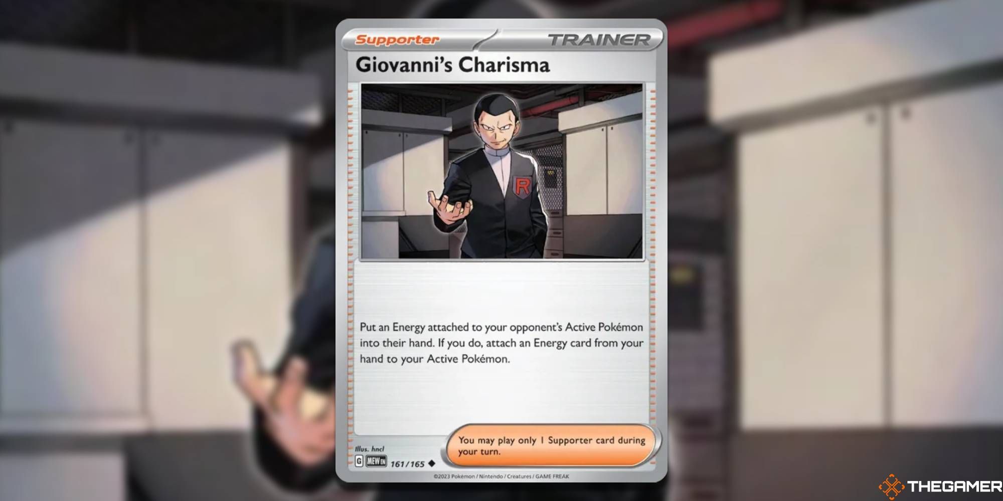 Giovanni's Charisma from SV: Scarlet and Violet 151 set with blurred background