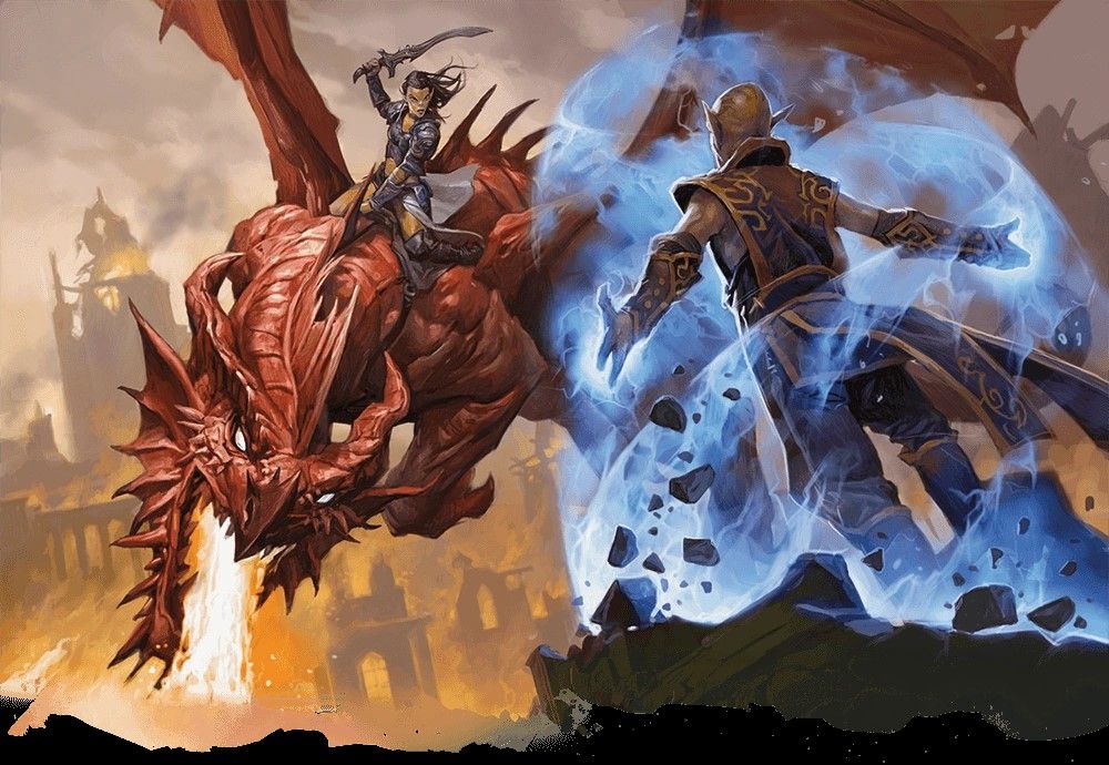 A Githzerai casting a spell while fighting a Githyanki on a dragon