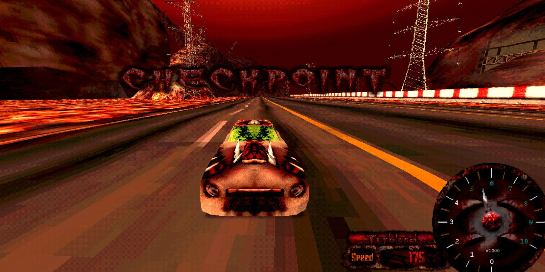 Screenshot of the player reaching a checkpoint in Groaning Steel. A car made of flesh rides across a racetrack in a post-apocalyptic world with a red sky.