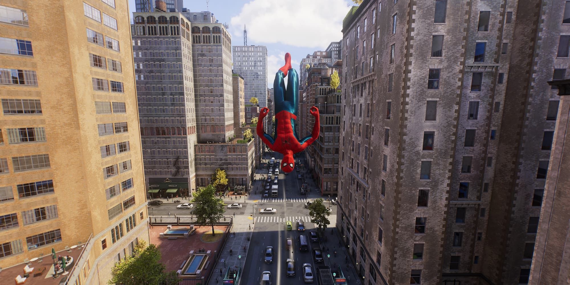 Spider-Man does an aerial trick above New York City in Spider-Man 2.