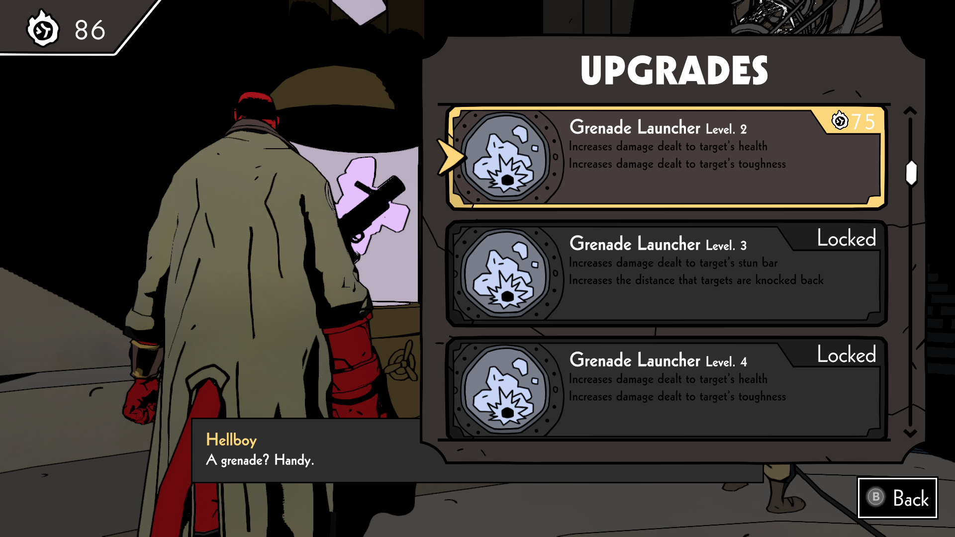 Hellboy's grenade launcher upgrades.