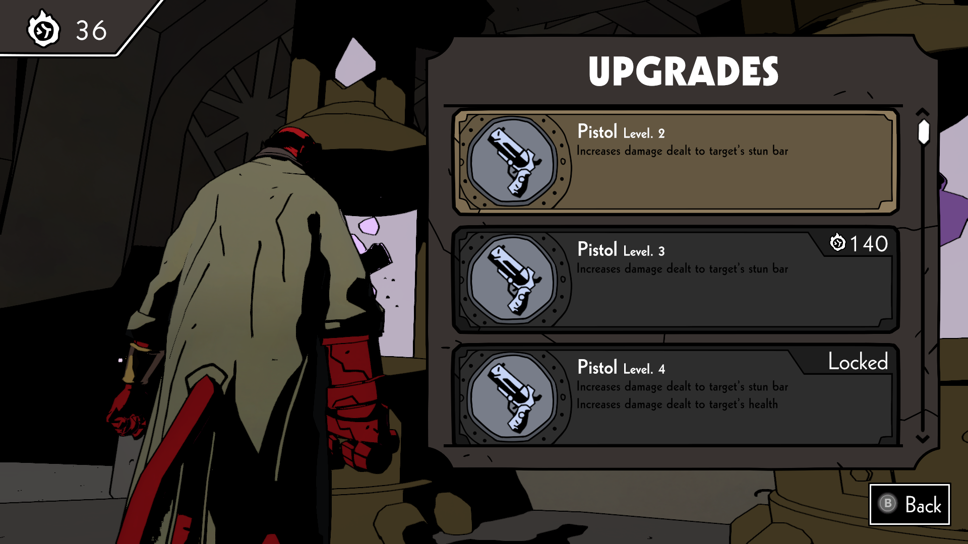 Pistol upgrades in Hellboy: Web of Wyrd.