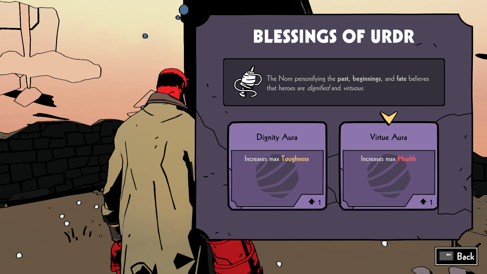 Hellboy choosing between Urdr's blessings in Web of Wyrd.