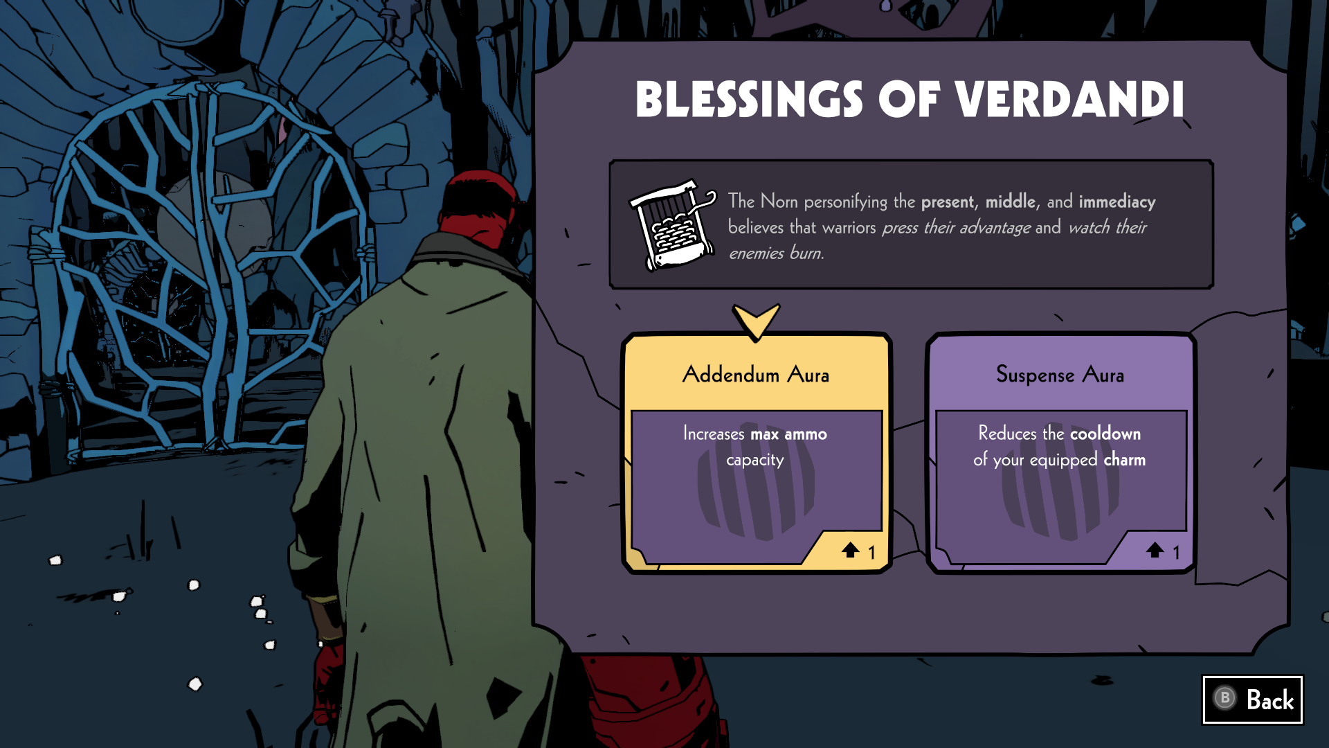 Hellboy choosing between Verdandi's Blessings in Web of Wyrd.