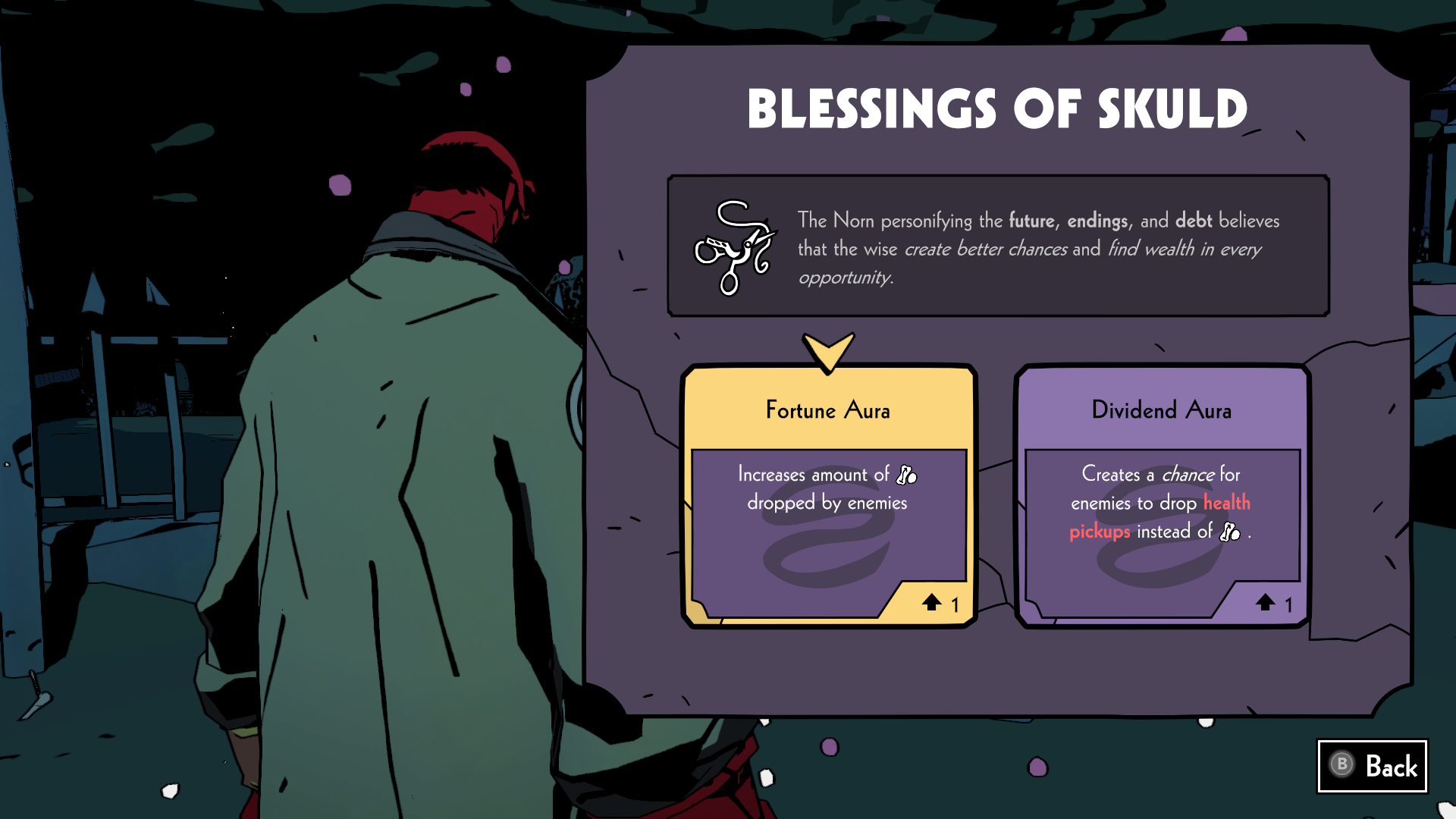 Hellboy choosing between Skuld's Blessings in Web of Wyrd.