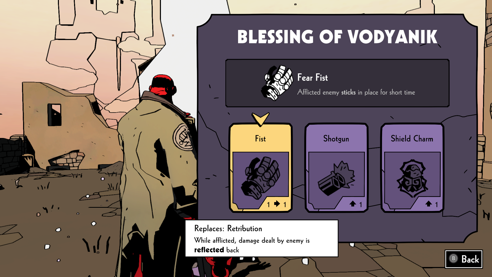 Hellboy choosing a Fear Fist Blessing.