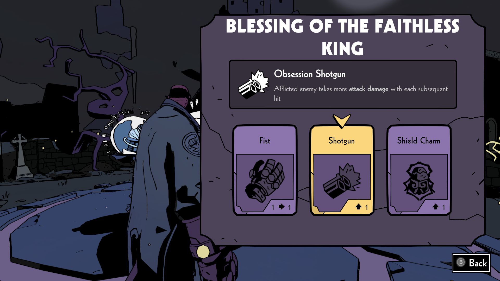 Hellboy choosing the Obsession Shotgun Blessing.