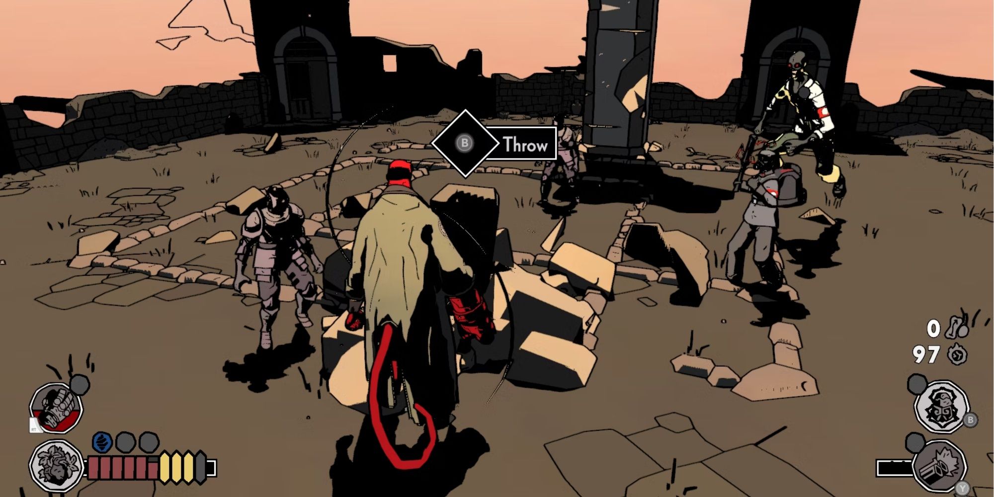 Hellboy about to throw rocks at his enemy in Web of Wyrd.