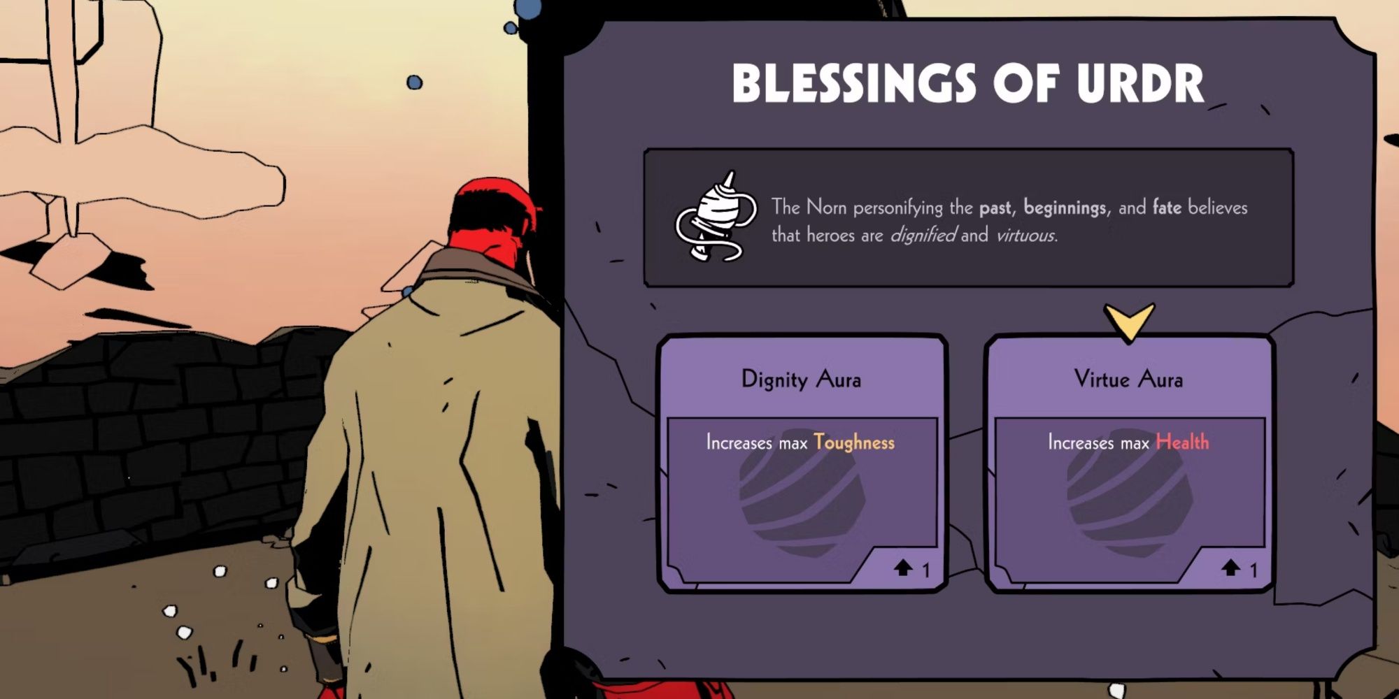 Hellboy choosing between a health upgrade or a toughness upgrade in Web of Wyrd.