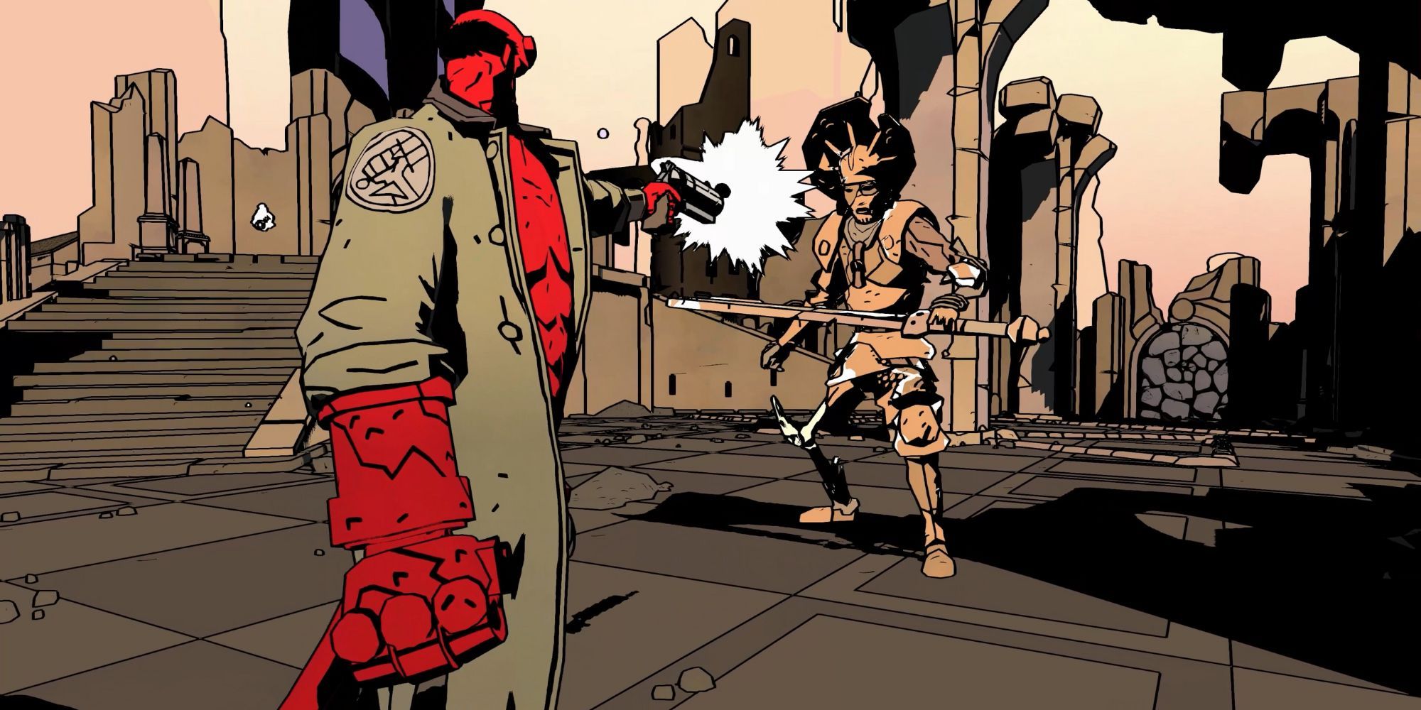 Hellboy wielding a pistol in Web of Wyrd.