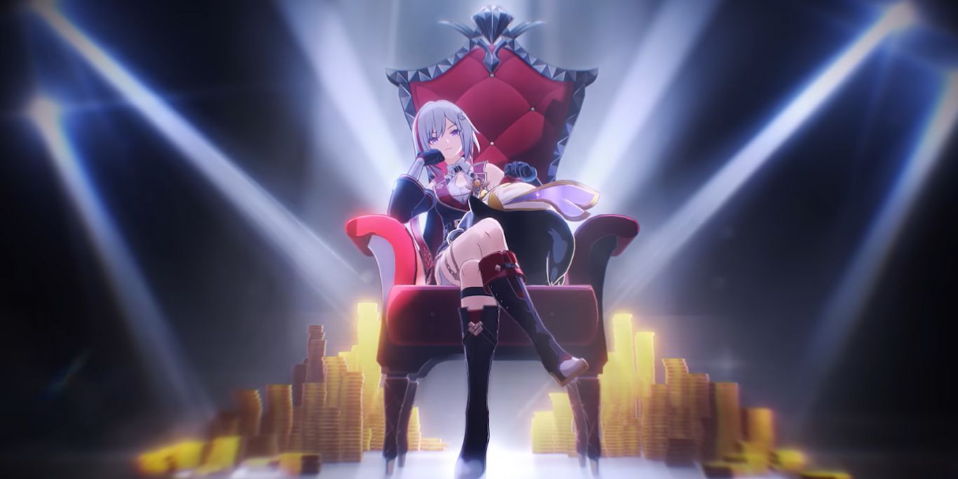 Honkai Star Rail Topaz Sitting On Chair With Gold Around
