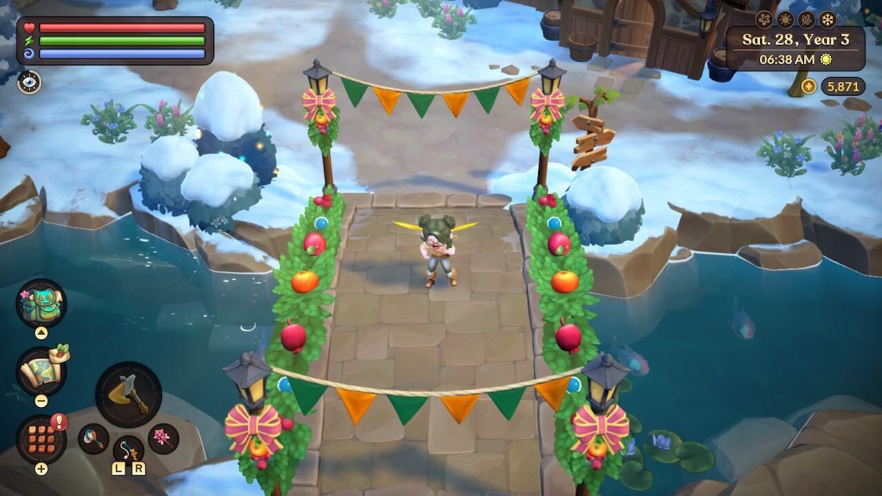 a farmer on a bridge decorated for the warm hearth festival fae farm