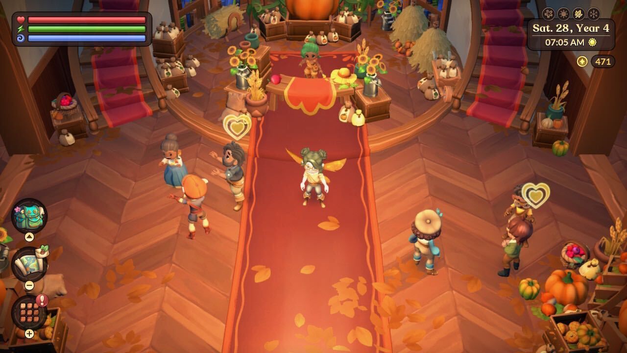 a farmer at town hall during the seed and soil festival with holly selling items fae farm festival guide