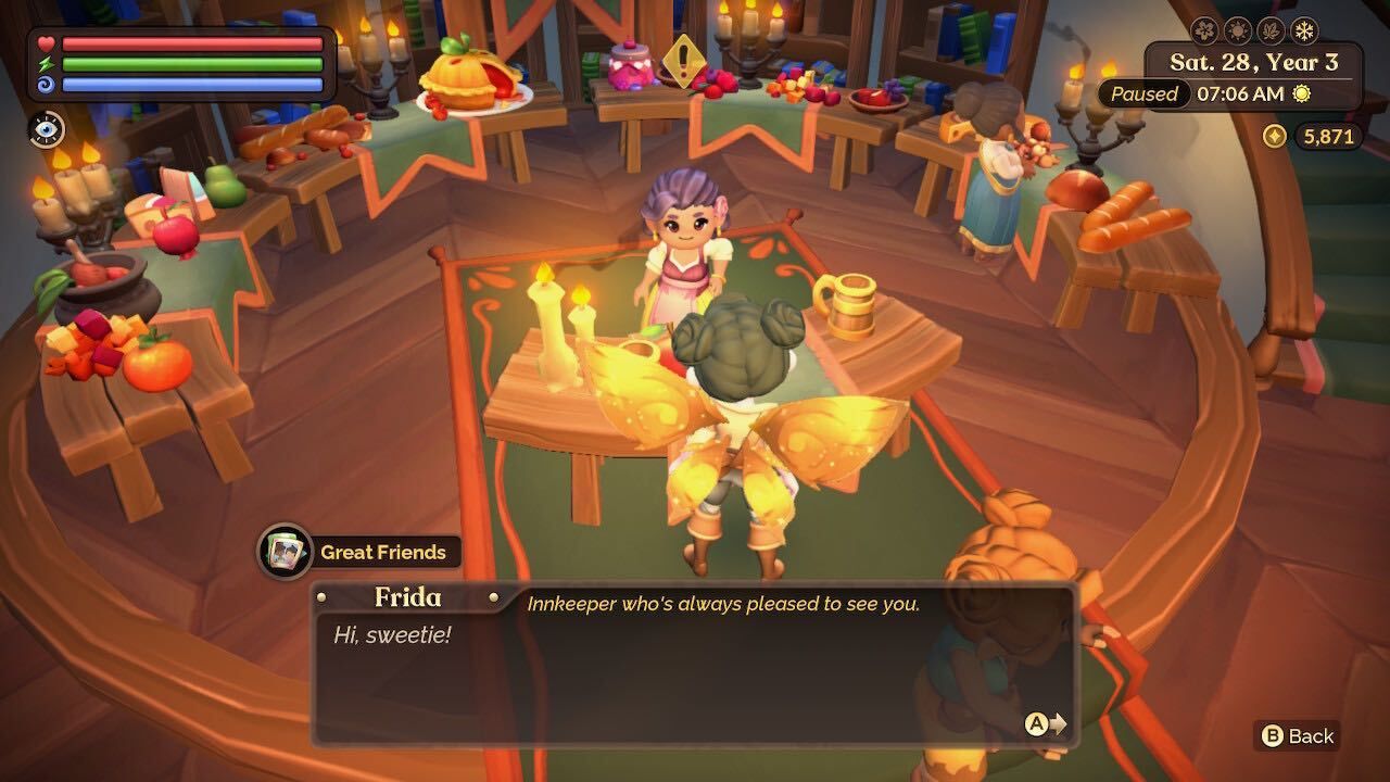 frida greeting a farmer at the warm hearth festival fae farm