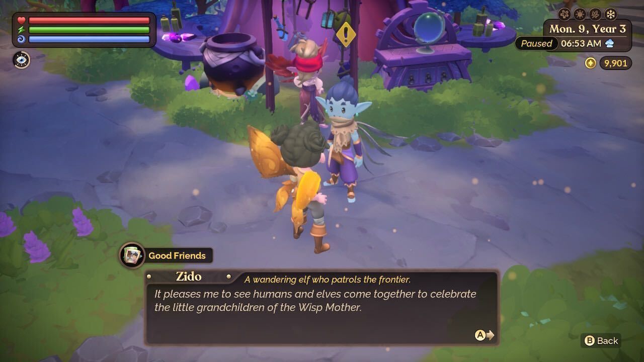 zido telling a farmer about the fae festival in the fae realm fae farm festivals guide