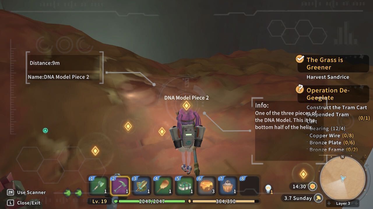 a builder scanning for a dna model piece in my time at sandrock mining guide