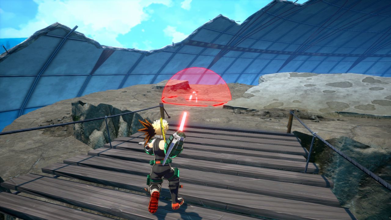 The arc and blast radius of an Improvised Grenade shown in the Mountain Zone.