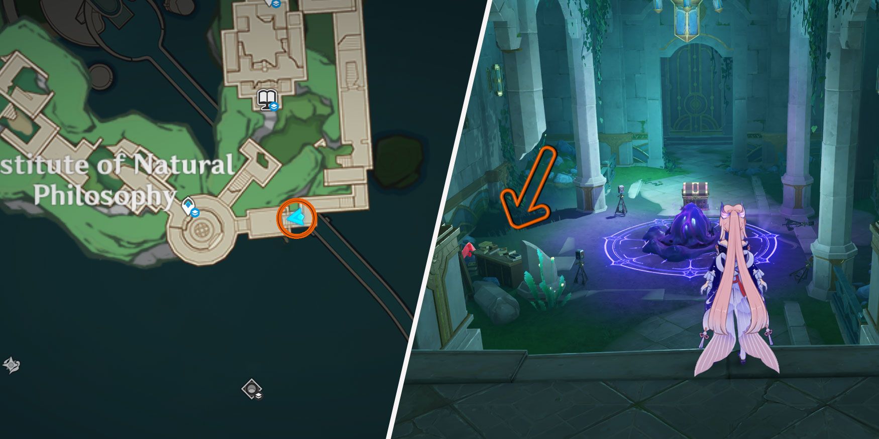 An image split in two. On the left, there is a map of the Institute of Natural Philosophy, a circle marks the location of the Enigmatic Page. On the right, Sangonomiya Kokomi from Genshin Impact stands on top of a staircase, overlooking a purple oozing crystal like the ones found in the chasm. An arrow points to a desk, where the enigmatic page can be found.