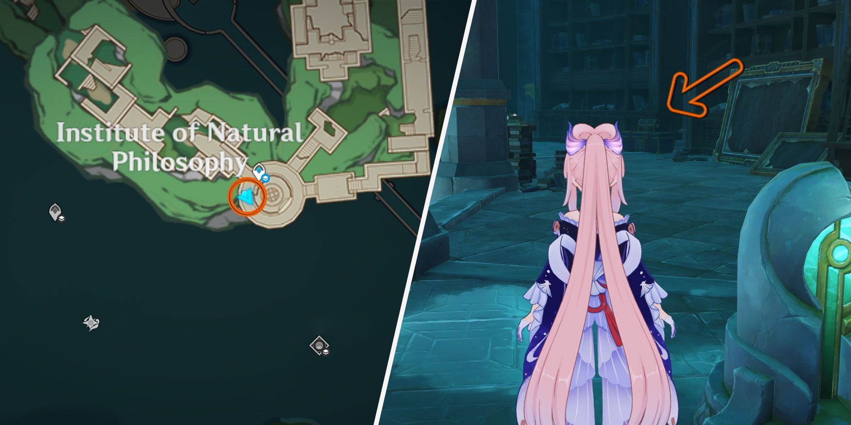 An image split in two. On the left, there is a map of the Institute of Natural Philosophy, a circle signaling where the Enigmatic Page is located. On the right, Sangonomiya Kokomi from Genshin Impact stands beside a mechanism, looking towards the large bookshelves and chests in the area. An arrow points towards a small chest, where the Page is located.