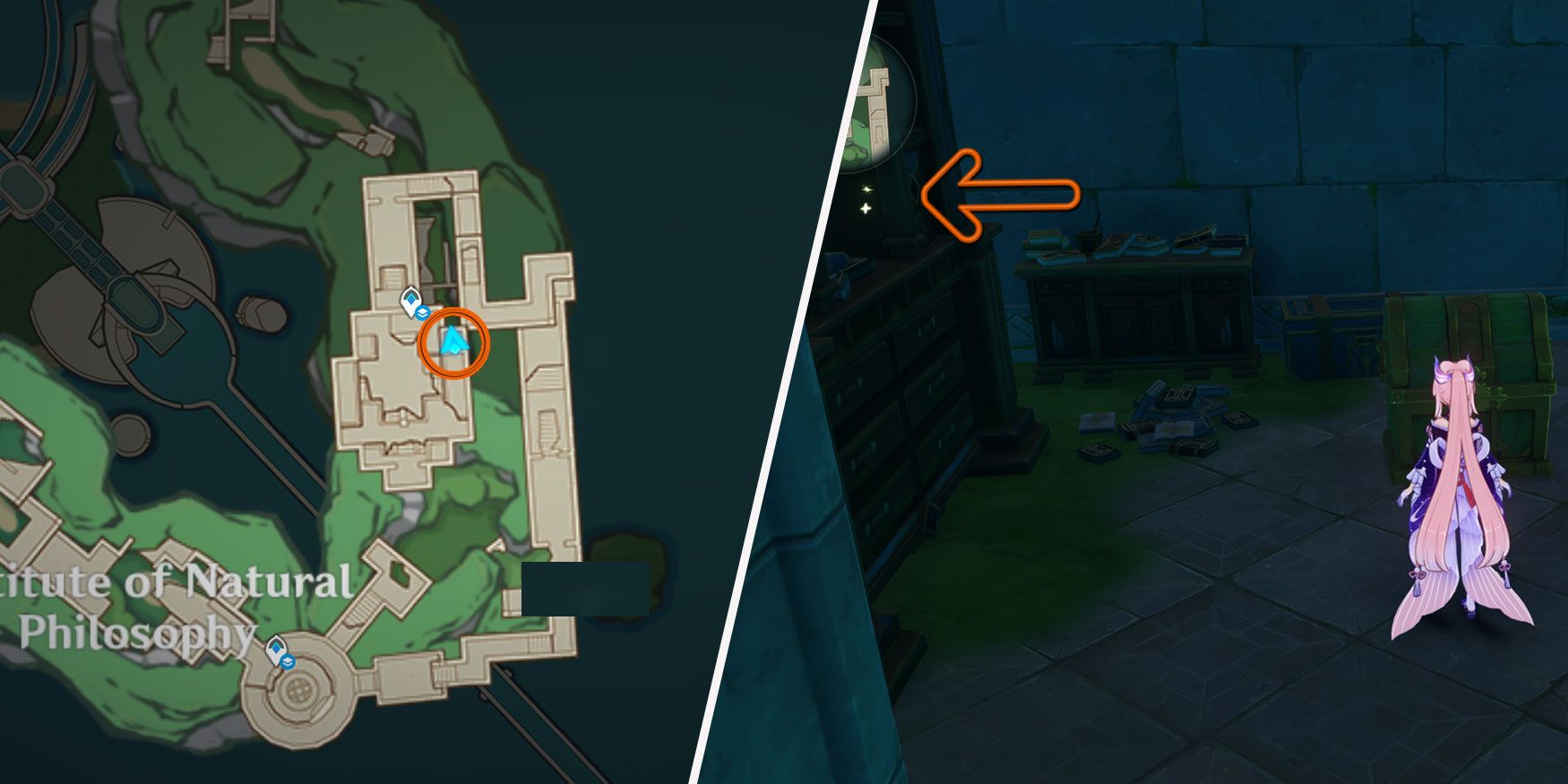 An image split in two. On the left, there is a map of the Institute of Natural Philosophy, a circle marks the location of the Enigmatic Page. On the right, Sangonomiya Kokomi from Genshin Impact stands in front of a remarkable chest in a dark room; an arrow points to the location of the Enigmatic Page in a bookshelf by the chest.