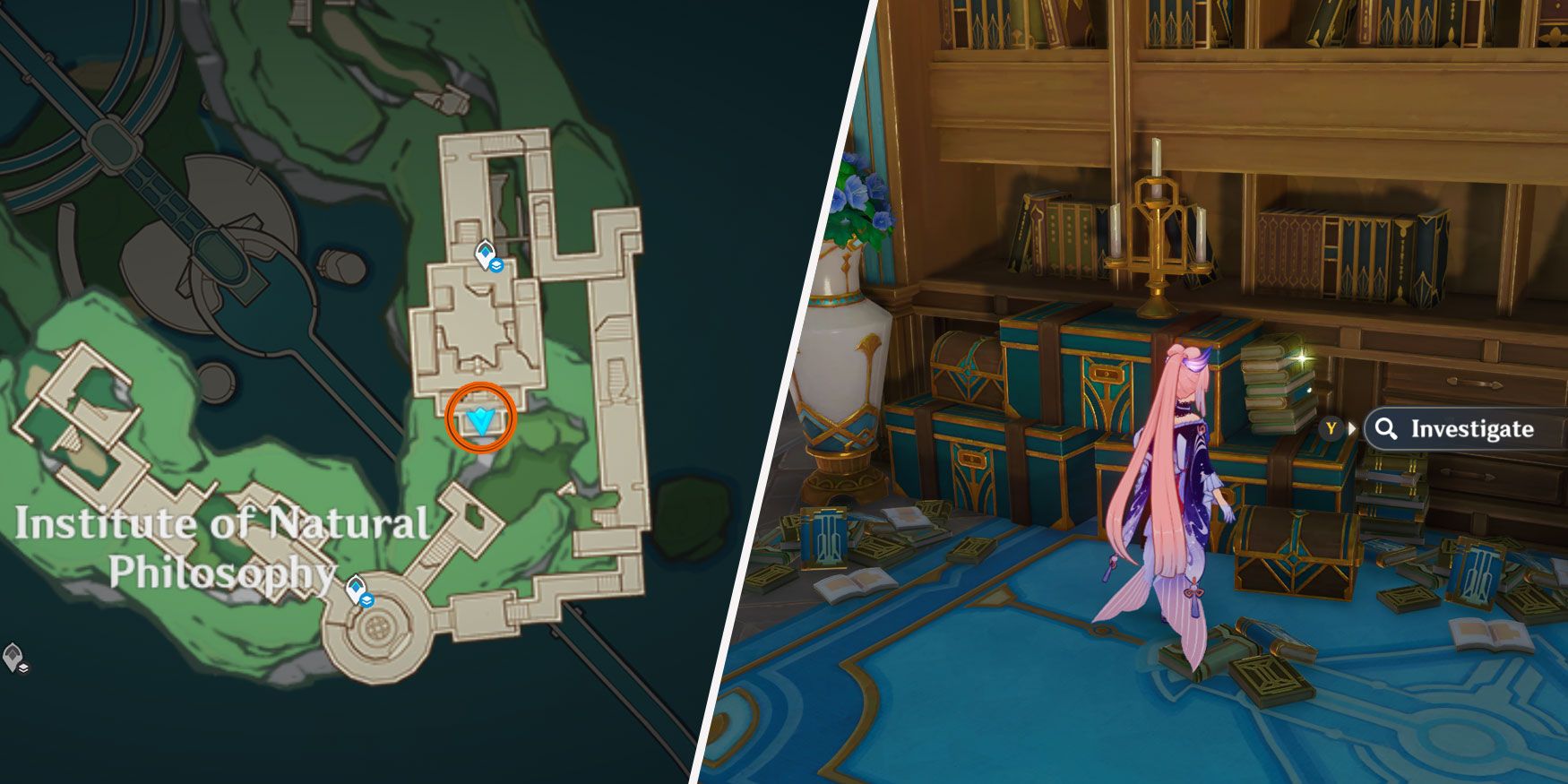 An image split in two. On the left, there is a map of the Institute of Natural Philosophy, a circle marks the location of the Enigmatic Page. On the right, Sangonomiya Kokomi from Genshin Impact is seen standing in front of a pile of items including big chests, smaller chests, and pikes of books; there is a prompt to investigate the items.