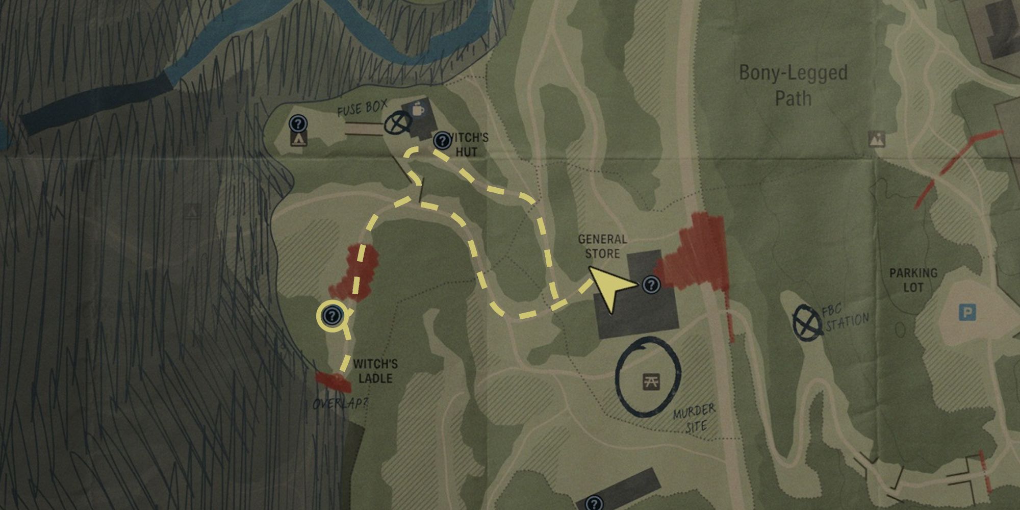 A map to the Witch's Ladle and the Overlap from the General Store. There are two routes, one takes you to the Witch's Hut save room.