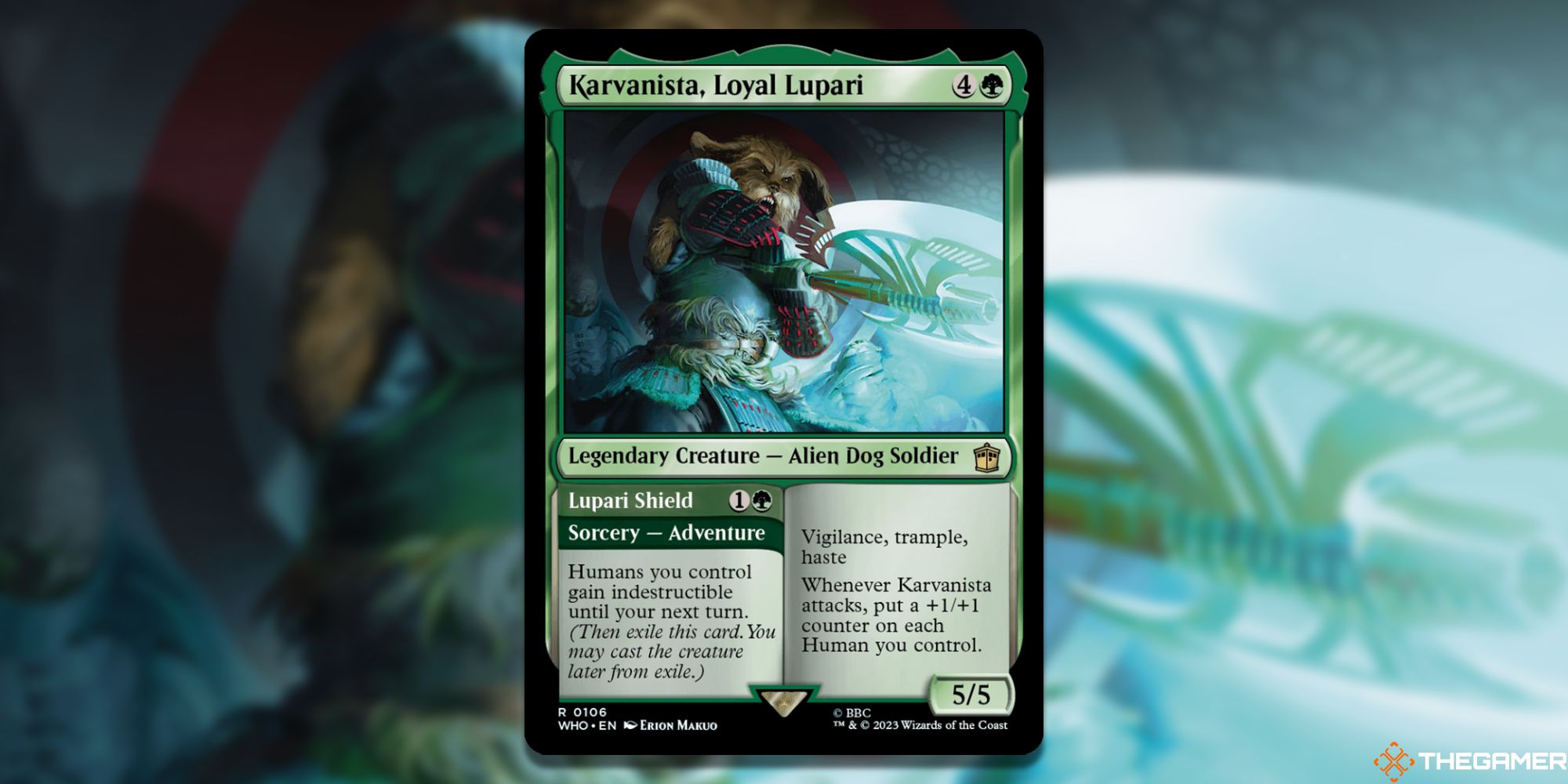 Image of the Karvanista, Loyal Lupari and Lupari Shield card in Magic: The Gathering, with art by Erion Makuo