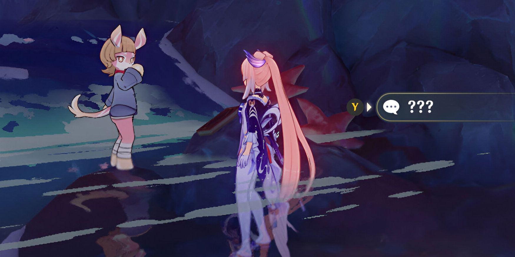Genshin Impact's Sangonomiya Kokomi standing in front of a Melusine in Merusea Village