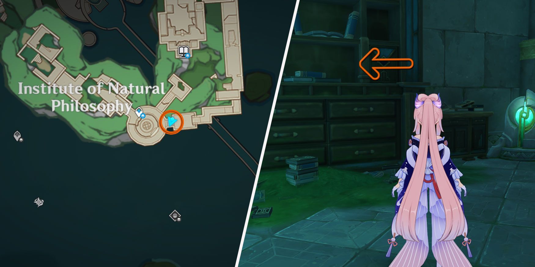 An image split in two. On the left, there is a map of the Institute of Natural Philosophy, a circle marks the location of the Enigmatic Page. On the right, Sangonomiya Kokomi from Genshin Impact stands in front of a bookshelf; an arrow points to the location of the Enigmatic Page in it.