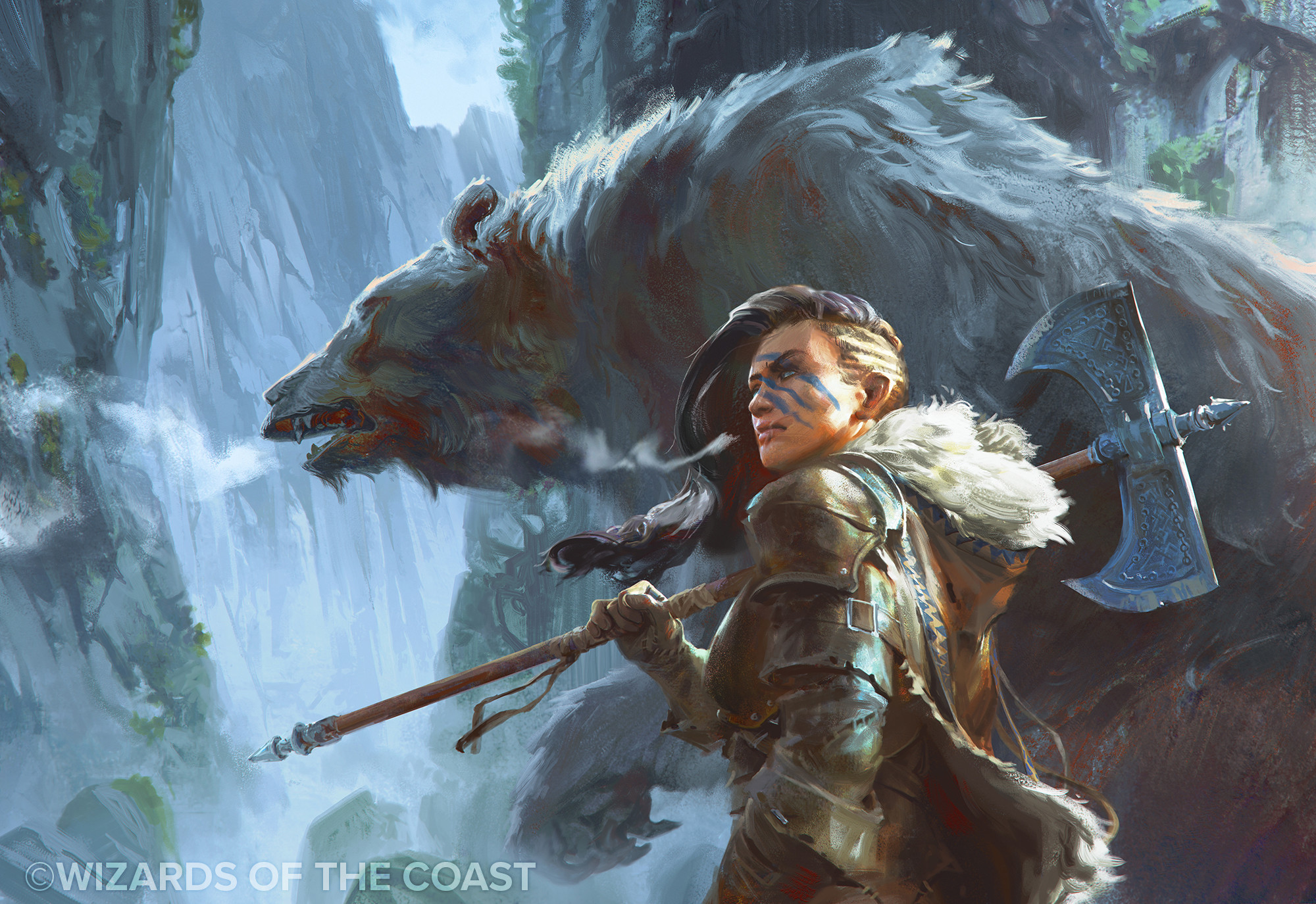 A DND character with a bear in a mountainous biome